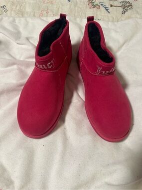 Juicy Couture Pink Suede Ankle Booties with Rhinestone Logo